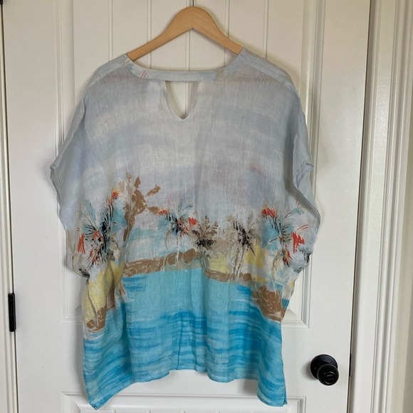 Chicos Womens Tropical Print Linen Top Size L/XL V Neck White Cap Sleeve Coastal - Picture 7 of 9
